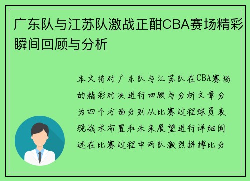 广东队与江苏队激战正酣CBA赛场精彩瞬间回顾与分析